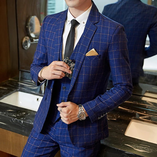 Slim Fit Plaid Wedding Suit 3pc Set for Men Formal Business Attire